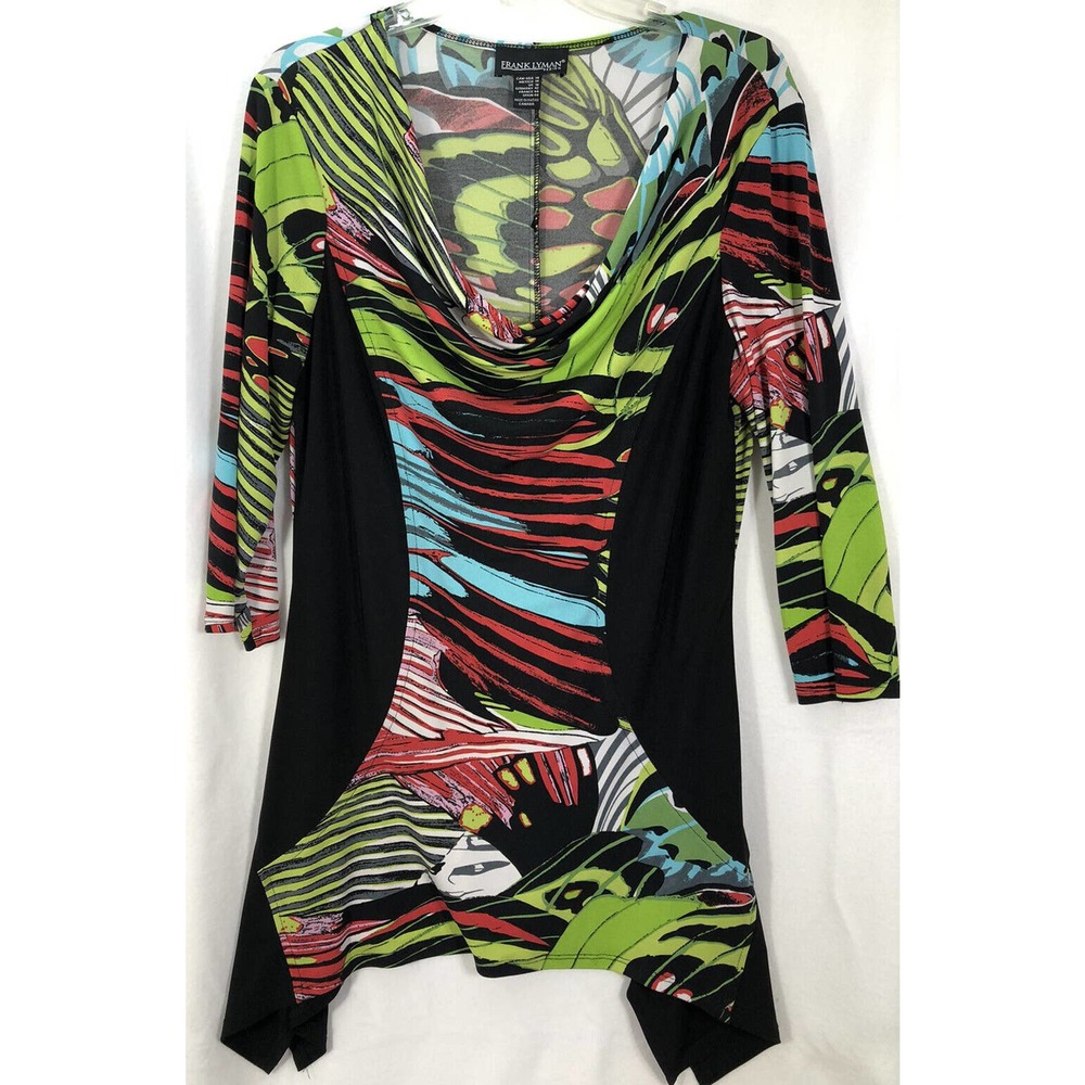 Frank Lyman Black Multi Print Tunic Cowl Neck Shark bite Hem Size 14-198